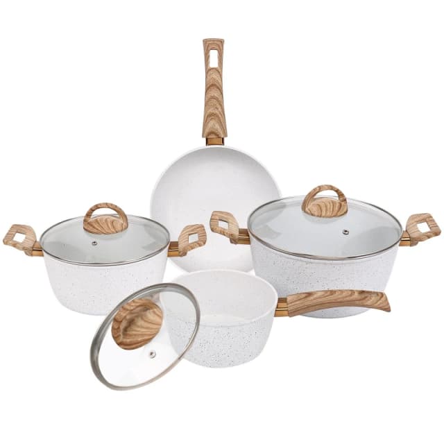 Gr8 Home Coconut Aluminium 7 Pcs Induction Non Stick Frying Pan Saucepan Pot Cookware Set White