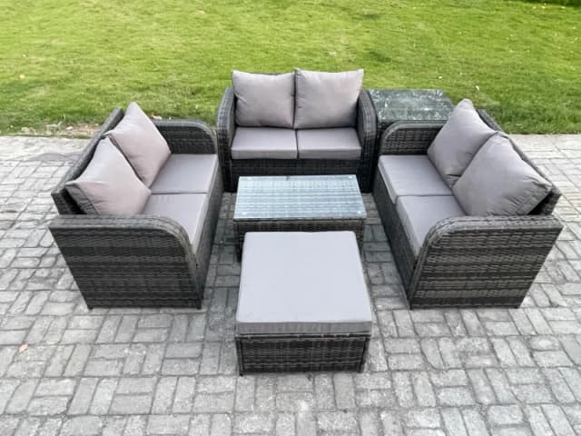 Fimous Outdoor Garden Furniture Sets 7 Seater Wicker Rattan Furniture Sofa Sets with Rectangular Coffee Table Love Sofa Big Footstool Side Table Dark