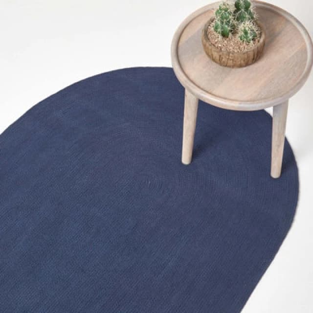 Homescapes Navy Handmade Woven Braided Oval Rug, 90 X 150 Cm