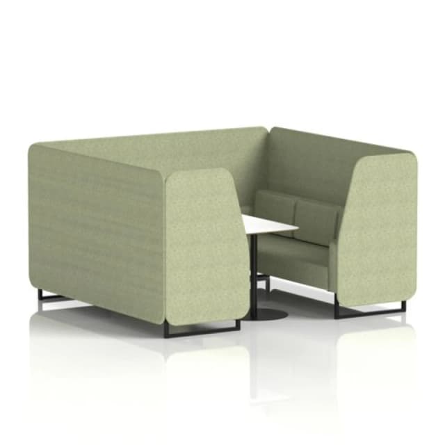 Brixworth 6 Seater Office Booth with Front Panel - Black Legs and White Table with Black Leg in Rivet Fabric - Burnish Panels and Sofa