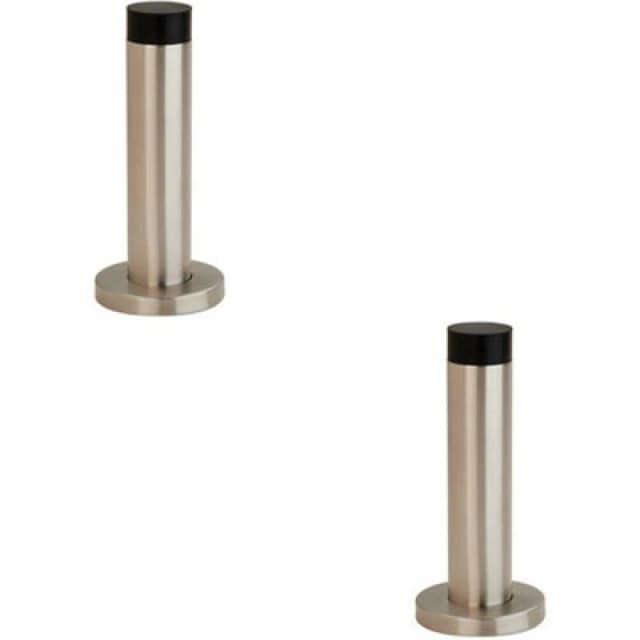 Loops 2x Wall Mounted Doorstop Cylinder on Rose Rubber Tip 102 x 22mm Satin Steel Metallics