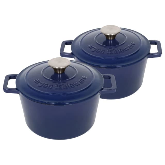 Argon Tableware 2x Round Cast Iron Casserole Dishes with Self Basting Lid - 2.8L in Blue Blue Unisex