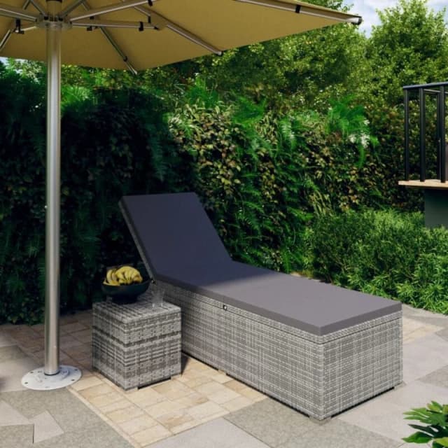 VIDAXL Sun Lounger with Cushion and Tea Table Poly Rattan Grey Vidaxl 8720286663646