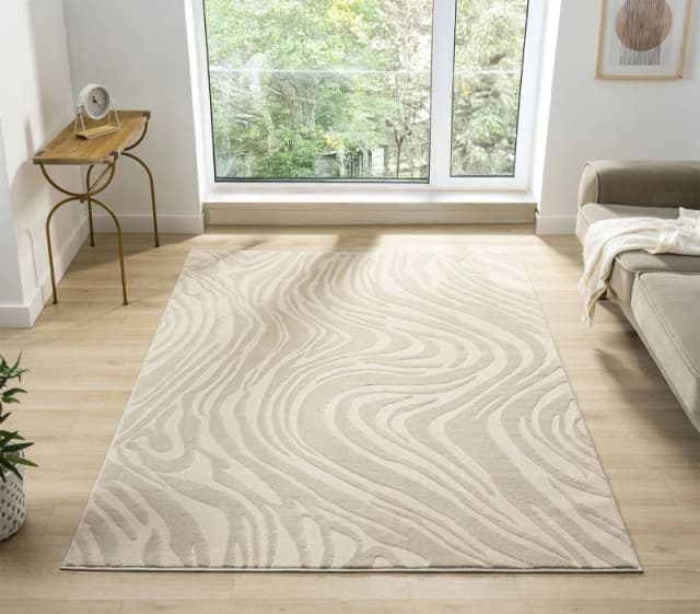 Vellure Modern Indoor Living Room Area Rug Embossed Metallic Sheen Marble Design Cream 200X290 Cm