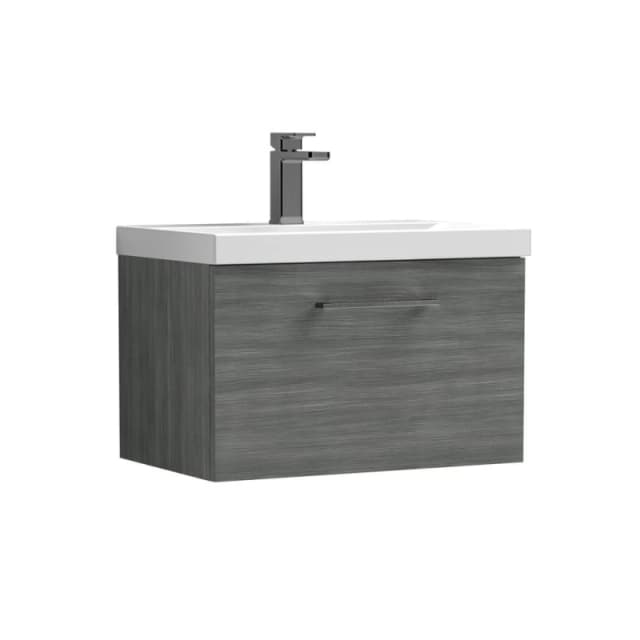 Balterley 600mm Wall Hung 1 Drawer Vanity, Woodgrain Anthracite, Pewter Handle in Grey Grey Unisex