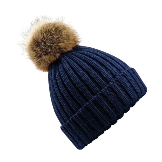 Beechfield Beechfield Fur Pop Pom Chunky Beanie in Navy Navy One Size Unisex 5063470759170