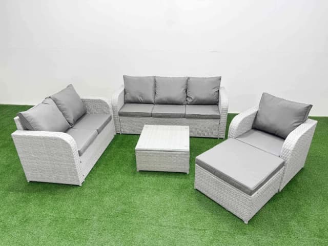 Fimous Patio PE Wicker 7 Seater Outdoor Rattan Furniture Sofa Sets with Square Coffee Table Reclining Chair Loveseat Sofa 3 Seater Sofa Big Footstool
