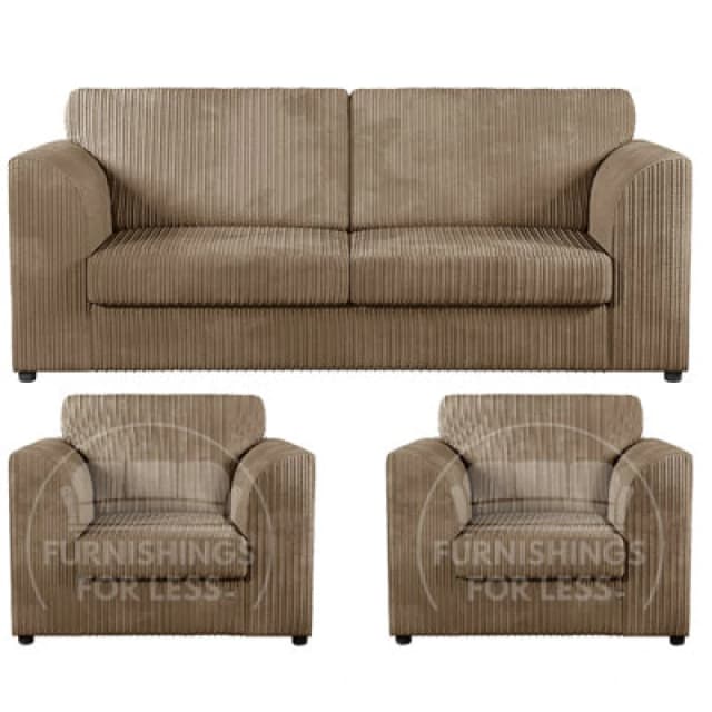 Furnishings For Less UK Luxor Jumbo Cord 3 + 1 + 1 Fabric 3 Piece Sofa Suite - Fullback Coffee