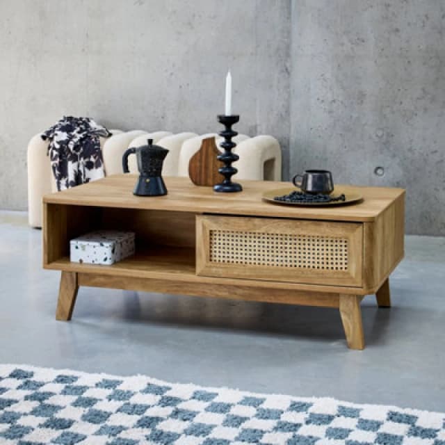 sweeek Coffee Table With Sliding Door Wood And Cane Effect Light Brown