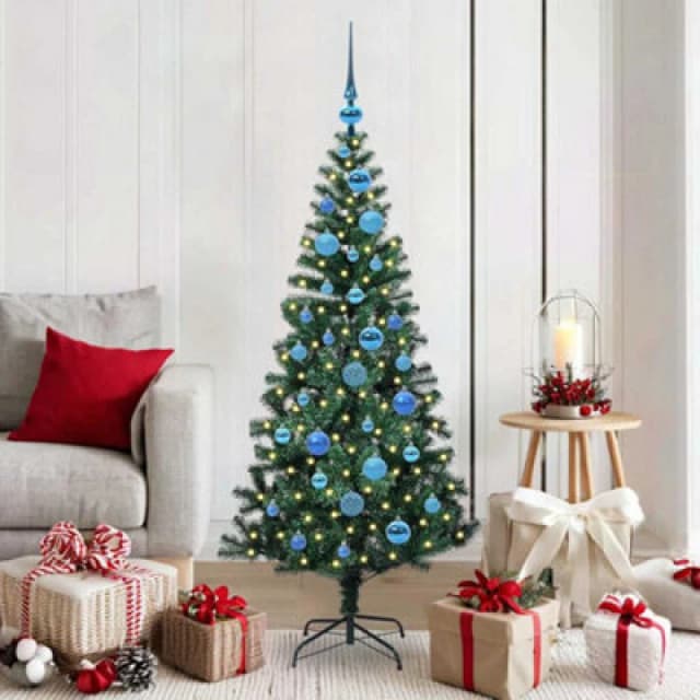 vidaXL Artificial Pre-lit Christmas Tree with Blue Balls Green 150cm PVC and Metal, Green 3396756