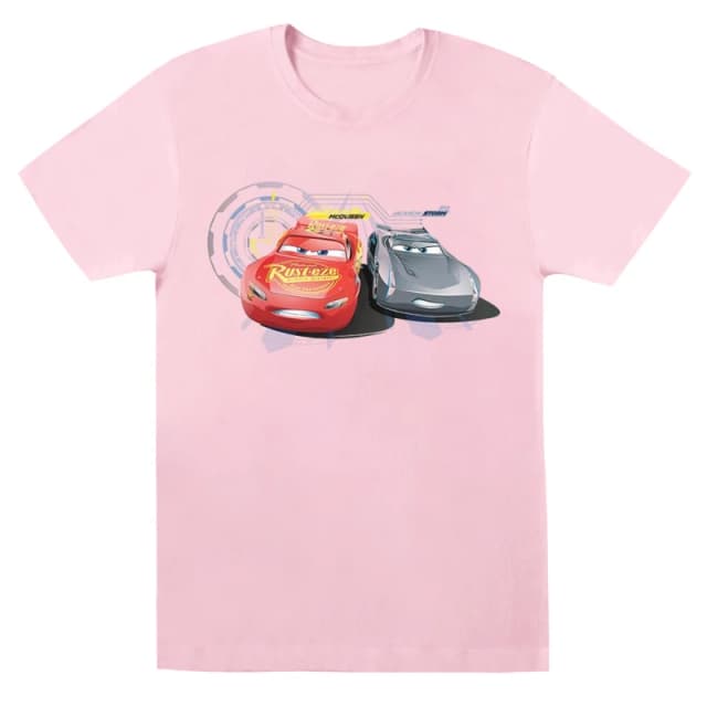 Disney Men Cars Lightning Vs Storm T-Shirt in Baby Pink Size: Small Baby Pink S Male 5059568311160