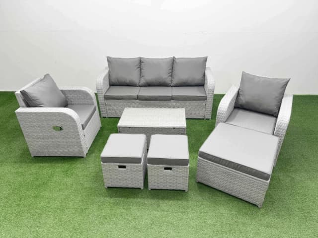 Fimous PE Rattan Garden Furniture Set Reclining Chair Sofa Lounge Sofa Set Oblong Coffee Table 3 Stools Light Grey Light Grey