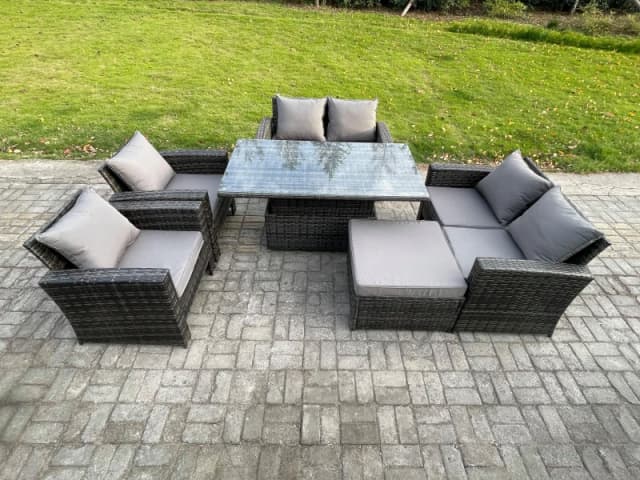 Fimous Rattan Garden Furniture Sets 7 Seater Patio Outdoor Rising Lifting Table Sofa Set with Double Seat Sofa Big Footstool in Dark Grey Dark Grey Un