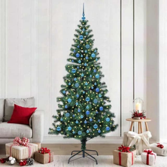 vidaXL Artificial Pre-lit Christmas Tree with Blue Balls Green 240cm PVC and Metal, Green 3396795