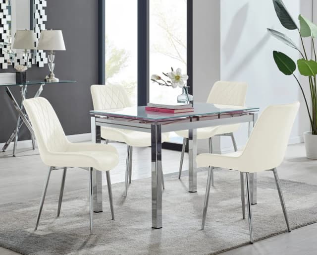 FurnitureboxUK FurnitureboxUK Enna White Glass Extending 4-6 Seater Dining Table and 4 Pesaro Soft Velvet Chairs in Cream Cream One Size Unisex 505654
