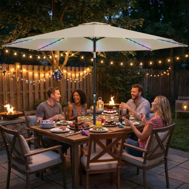 OUTSUNNY 3m Garden Parasol Umbrella with LED Lights, Patio Umbrella in Beige Size: 3m x 3m Beige Unisex 3m x 3m