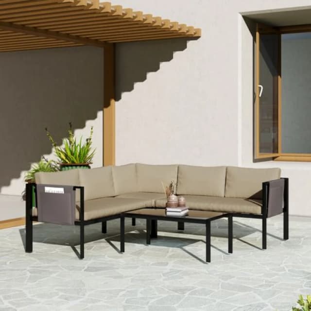 Outsunny 4 Piece Garden Furniture Set w/ Breathable Mesh Pocket, Khaki, Cream 84G-049V70KK