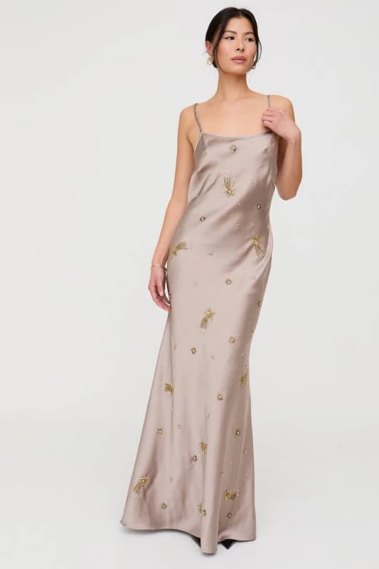 Lily and Lionel Womens Starburst All Over Embellished Maxi Dress In Oyster in Light Grey Size: 14 Light Grey Female 14