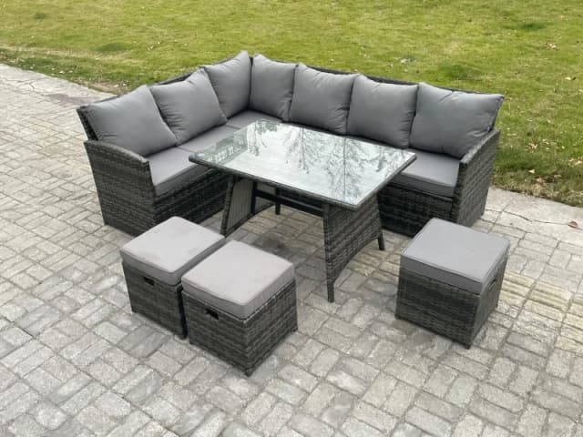 Fimous Wicker Rattan Garden Furniture Corner Sofa Set with Oblong Dining Table 3 Small Footstools 9 Seater Dark Grey