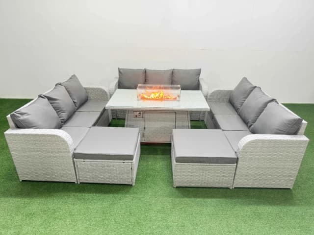 Fimous PE Rattan Lounge Sofa Set 11 Seater Outdoor Garden Furniture Set with Firepit Dining Table 3 Seater Sofa 2 Big Footstools Light Grey Light Grey
