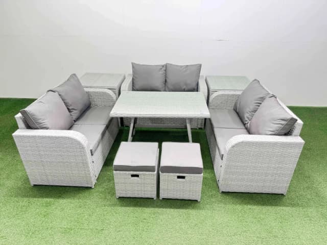 Fimous 8-seater Patio Rectangular Table Love Sofa Set with 2 Side Tables in Light Grey Light Grey Unisex