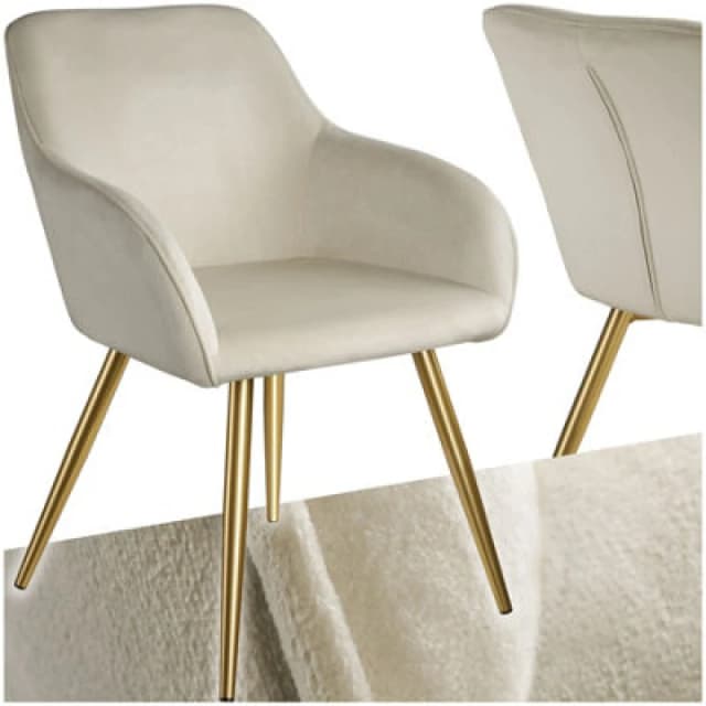 Tectake 1 Chair Marilyn With Velvet Cover, Gold Steel Legs And Plush Padding - Cream/gold