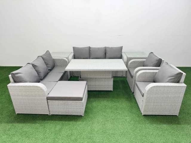 Fimous PE Rattan High Back Lounge Sofa Set with 3 Seater Sofa Reclining Chair Big Footstool 2 Side Table Light Grey