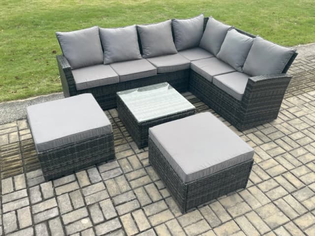 Fimous 8 Seater Wicker PE Outdoor Garden Furniture Set High Back Rattan Corner Sofa Set with 2 Big Footstool Square Coffee Table in Dark Grey Dark Gre