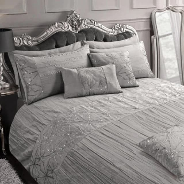 Intimates Elegant Pleated & Sequin Duvet Cover Set With Decorative Pillowcases, Soft Texture Linen Set For Chic Bedroom, Easy Care - Silver