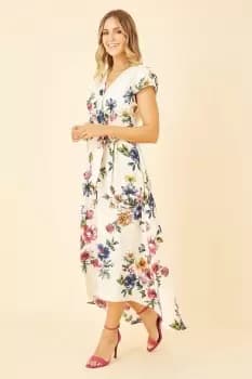 Ivory Floral Wrap Dip Hem Dress