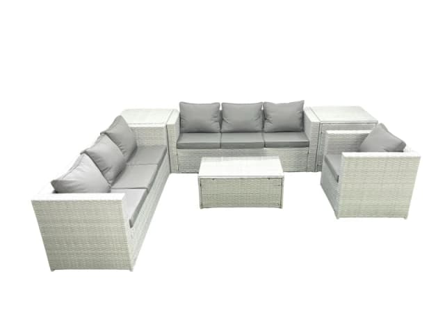 Fimous Wicker PE Rattan Sofa Garden Furniture Set with Armchair Oblong Coffee Table 2 Side Tables Light Grey Mixed Light Grey