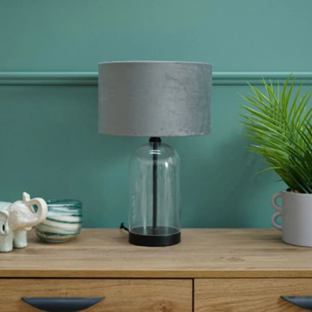 ValueLights Jessy Black Glass Table Lamp With Grey Velvet Shade Black