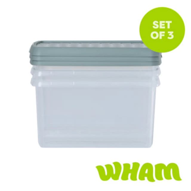 Wham Clip 3X 14L Rectangular Plastic Storage Boxes With Clip Lock Lids. Ideal For Home, Office, Toys & More - Clear/green Milieu