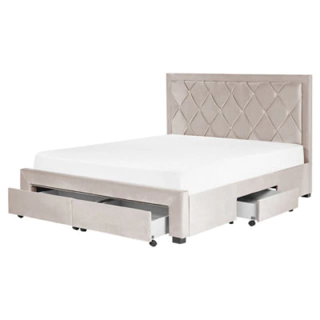 Beliani Bed With Storage Drawers Velvet Lievin 160 X 200 Cm (Eu King Size) Beige