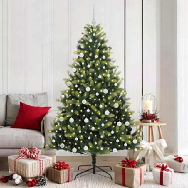 vidaXL Artificial Hinged Christmas Tree 300 LEDs, White Balls Green 180 cm, Green 3395994