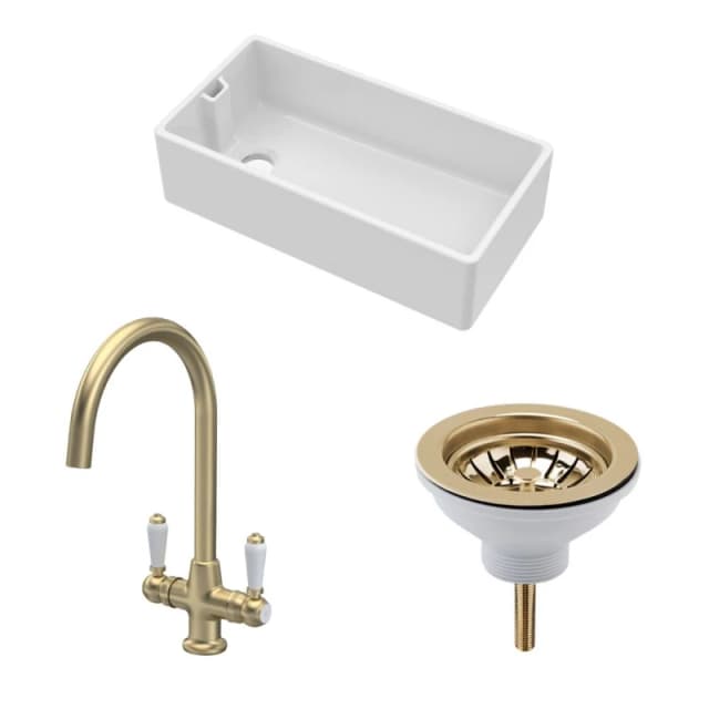 Balterley Fireclay Kitchen Bundle 1 Bowl Belfast Sink With Strainer Waste & Mono Lever Handle Tap, 895mm Brushed Brass