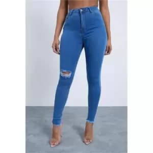 I Saw It First Mid Wash Stretch Knee Rip 5 Pocket Skinny Jeans - Blue