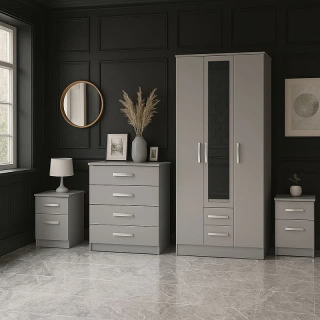 Birlea Grey Wooden 4 Piece Furniture Set Wardrobe Chest of Drawers Bedsides Lynx Grey Unisex