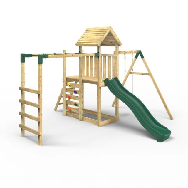OutdoorToys Extended Tower Garden Wooden Climbing Frame with Swings & Slide for Kids - Arvon in Beige Beige Unisex