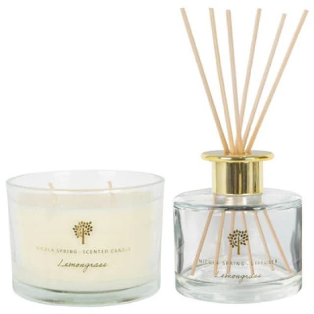 Nicola Spring Soy Wax Scented Candle & Reed Diffuser Set - 350G - Lemongrass Fruity Summer Fragrance Double Wick
