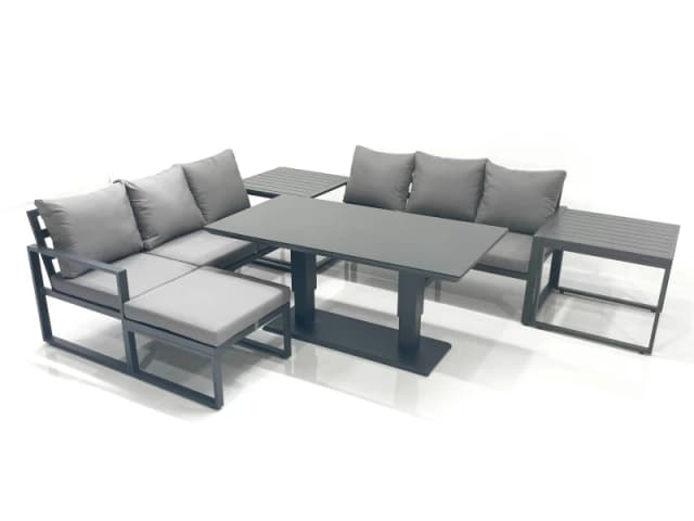 Fimous 7 Seater Aluminium Outdoor Garden Furniture Set with Adjustable Rising Lifting Dining Table 3 Seater Sofa Big Footstool 2 Side Tables Dark Grey