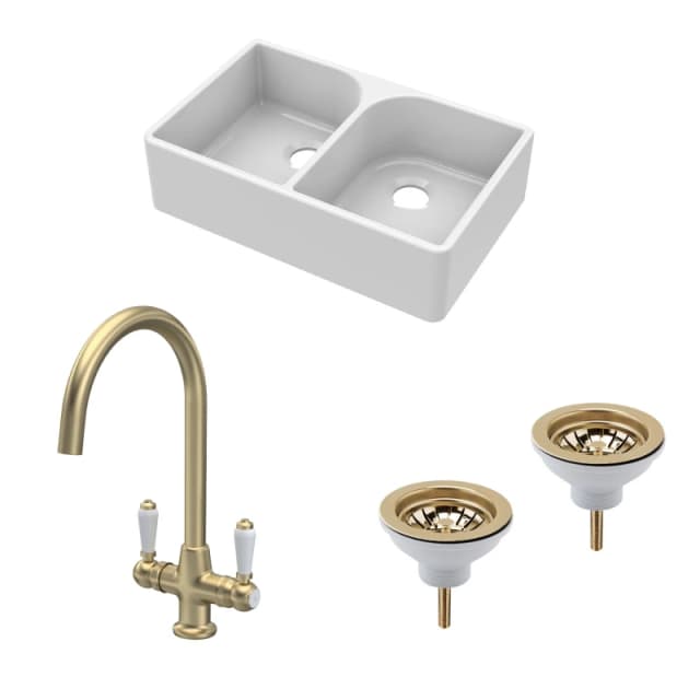 Balterley Fireclay 2 Bowl Full Weir Butler SinkWastes Tap Brushed Brass 795mm Bronze