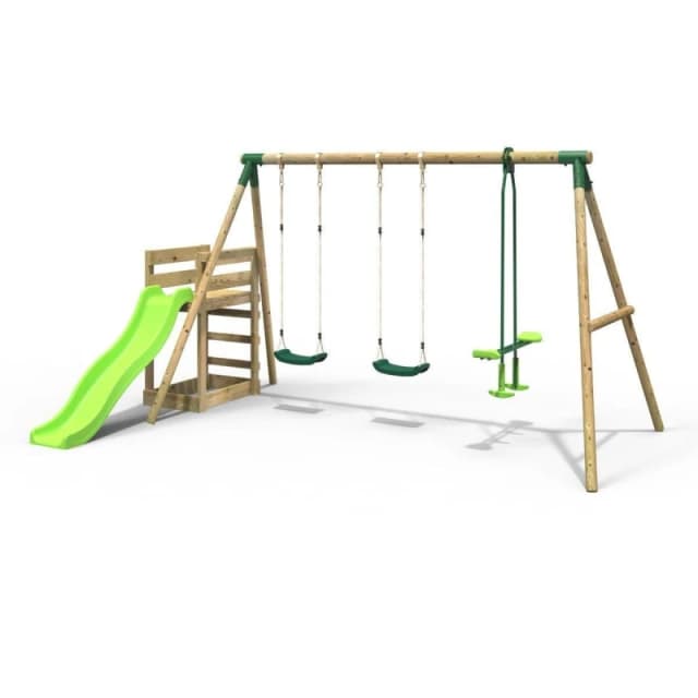 Rebo Wooden Triple Swing Set with Glider and Slide - Neptune Green Green