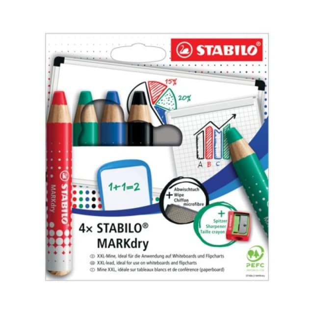 STABILO MARKdry Drywipe Marker Pencil for use on Whiteboards Assorted Colours including Sharpener and Cloth (Pack 4) 648/4-5