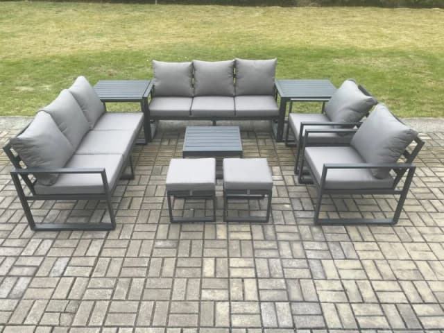 Fimous Aluminium Patio Outdoor Garden Furniture Lounge Sofa Set with Square Coffee Table 2 Chairs 2 Side Tables 2 Small Footstool Dark Grey Dark Grey