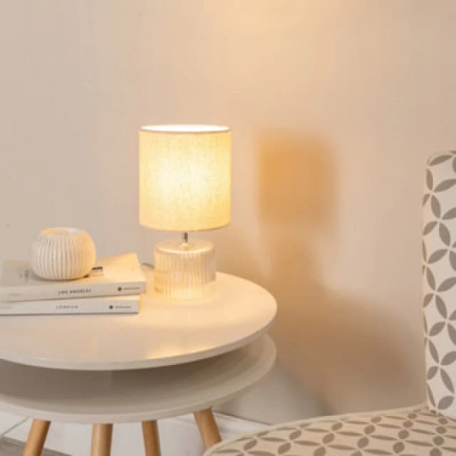 ValueLights Betty Glass Table Lamp with Fabric Lamp Shade Natural