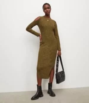 AllSaints Womens Daina Merino Wool Dress, Khaki Black Twist, Size: L