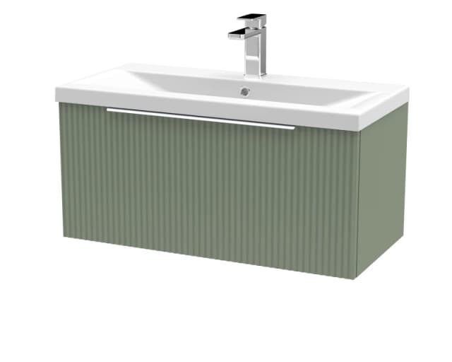 Balterley Fluted Wall Hung 1 Drawer Vanity Basin Unit & Basin 800mm, Satin Green Green Unisex