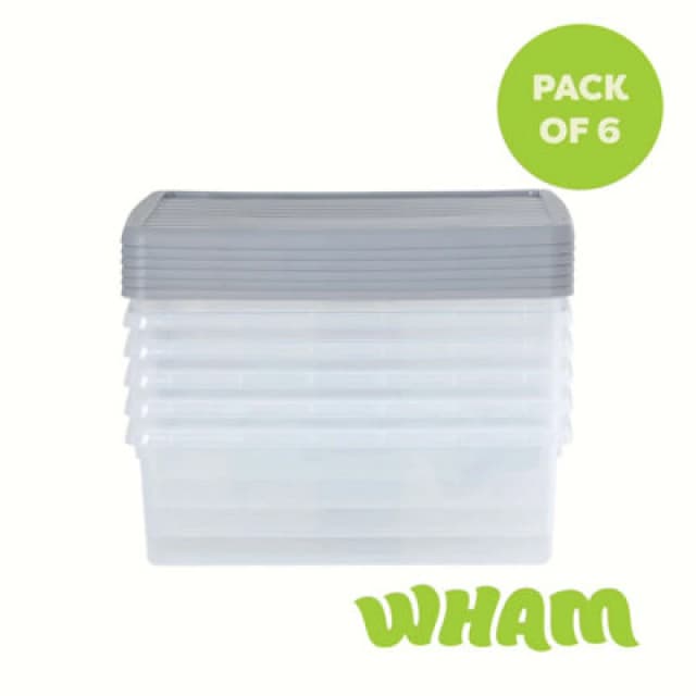6 X Wham Box 23.5L Stackable Plastic Storage Box & Lid Clear/steel