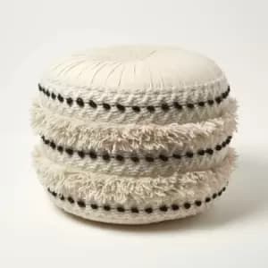 Sahara Cream & Black Macrame Tufted Boho Pouffe - Natural - Homescapes